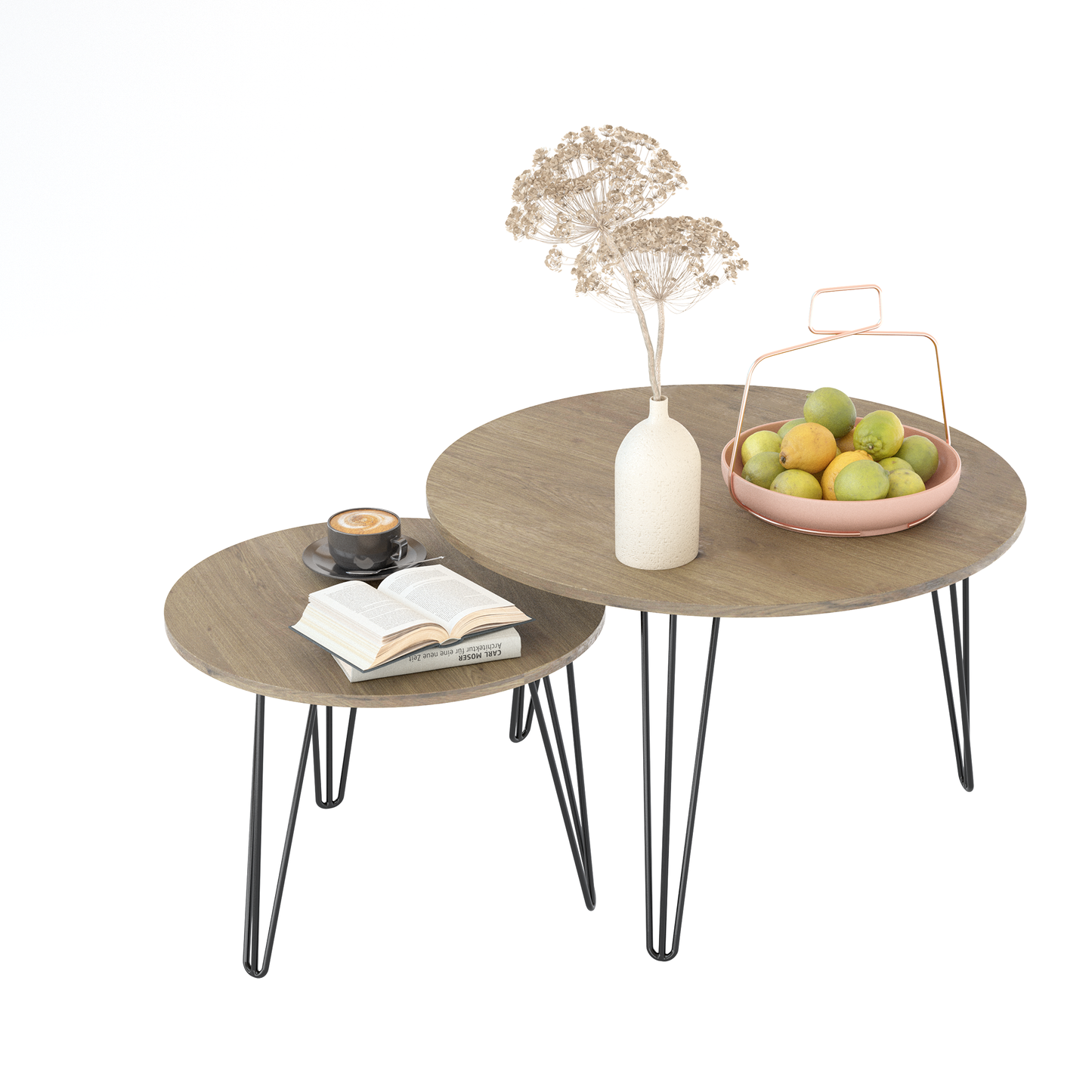 27.56'' Round Nesting Coffee Table Set of 2, Circular Nesting End Table Set Sturdy Metal Base for Living Room, bedroom, Brown