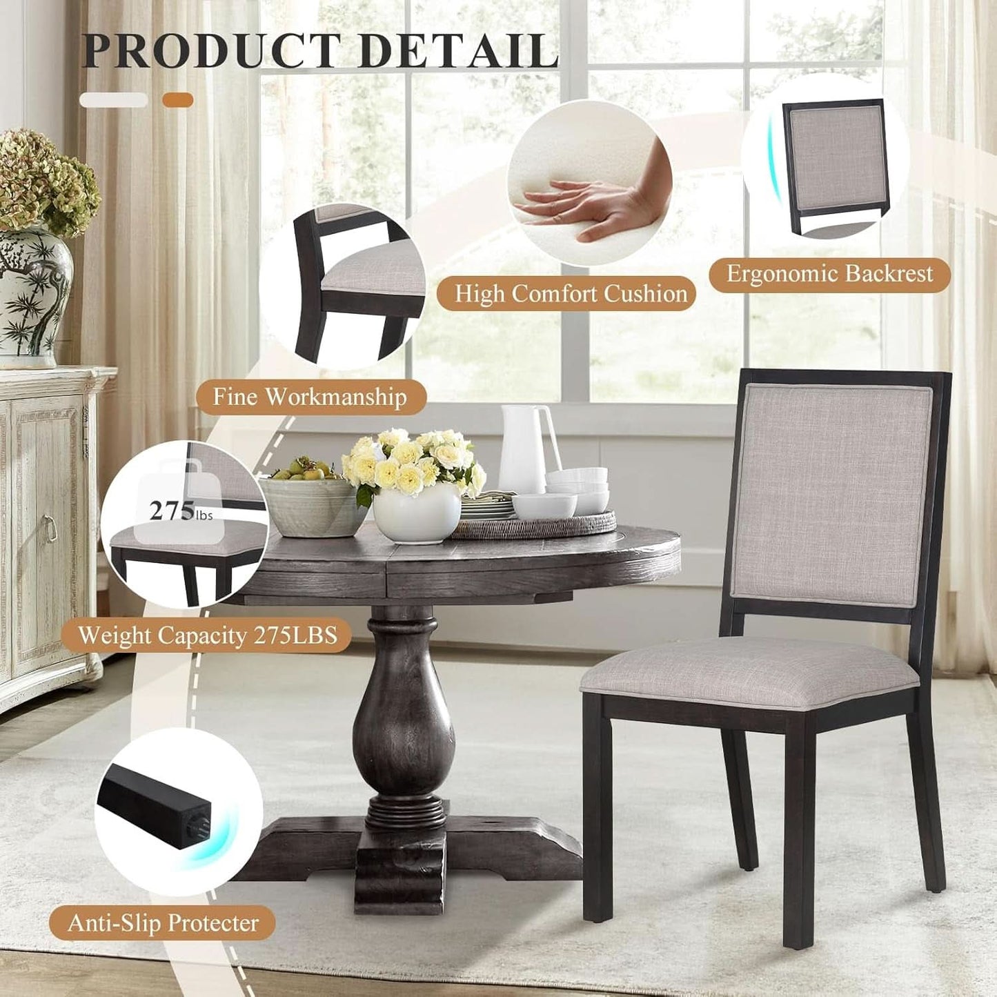 Espresso Upholstered Solid Wood Dining Chairs 19Inch