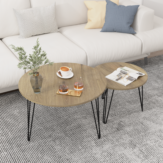 27.56'' Round Nesting Coffee Table Set of 2, Circular Nesting End Table Set Sturdy Metal Base for Living Room, bedroom, Brown
