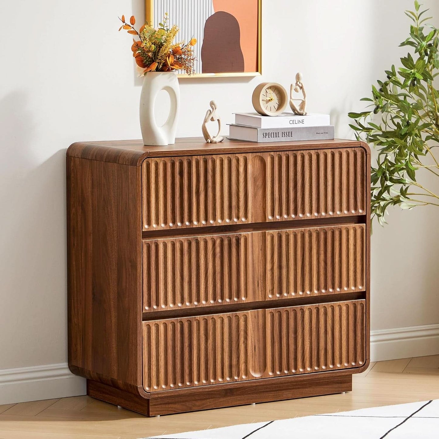 Walnut Fluted Three Drawer Dresser 31 Inch Wide Storage