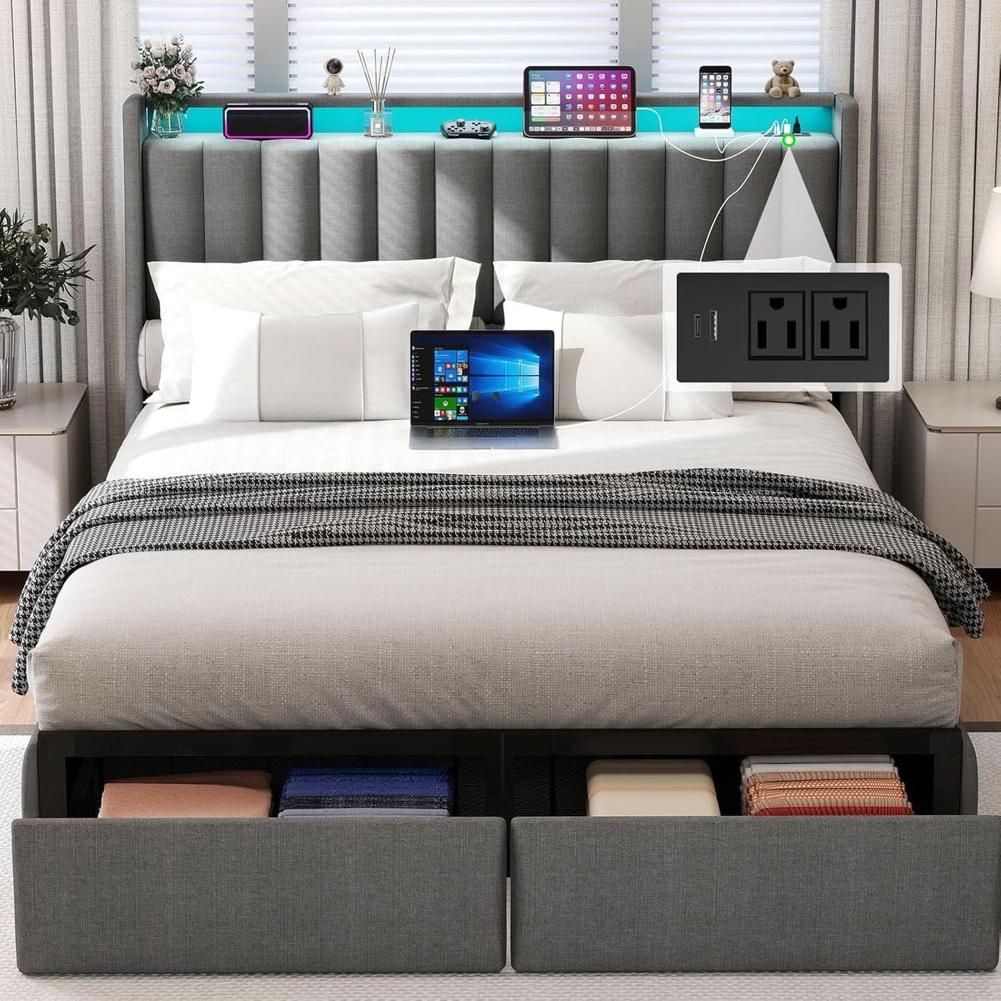 Queen Bed Frame With LED Lights And Storage Drawers