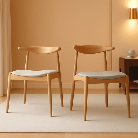 Beige Fabric Dining Chairs With Oak Finish 2 Pack Set