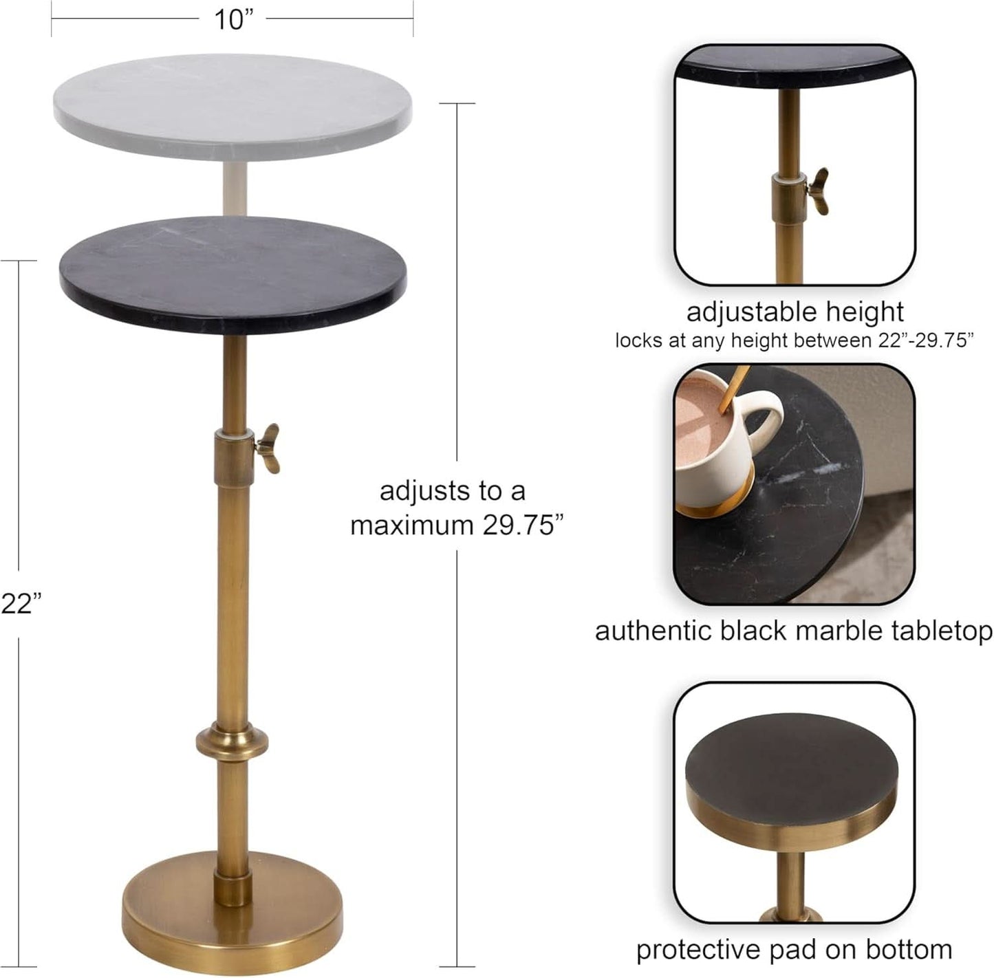 Adjustable Black Marble Pedestal Drink Table 10x10