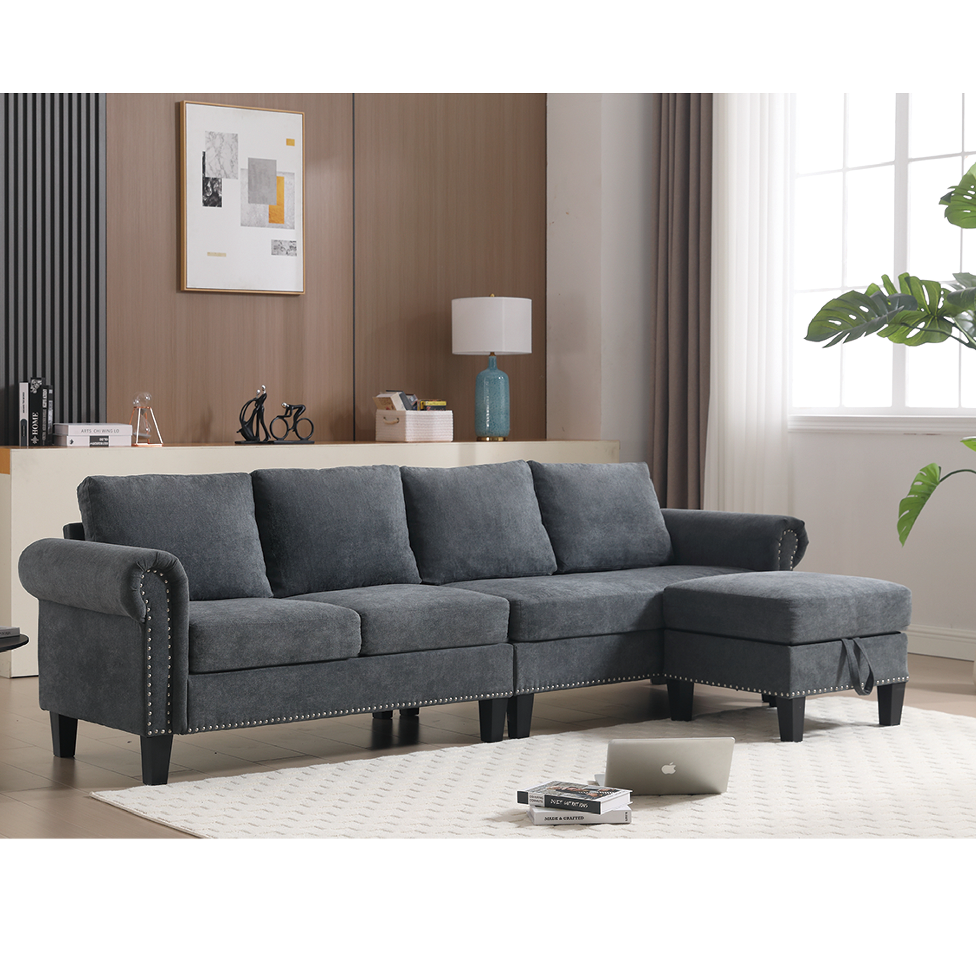 Convertible Sectional Sofa with Storage,L-shaped sofa Modern Linen Fabric Sectional Couches for Living Room,Gray - Image #0