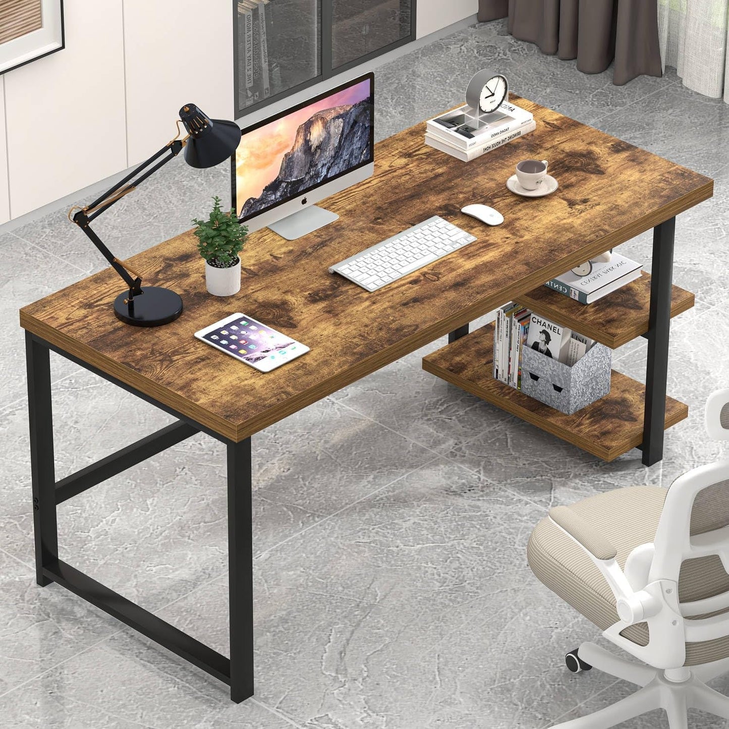 Rustic Brown 53 Inch Premium Solid Wood Desk Storage