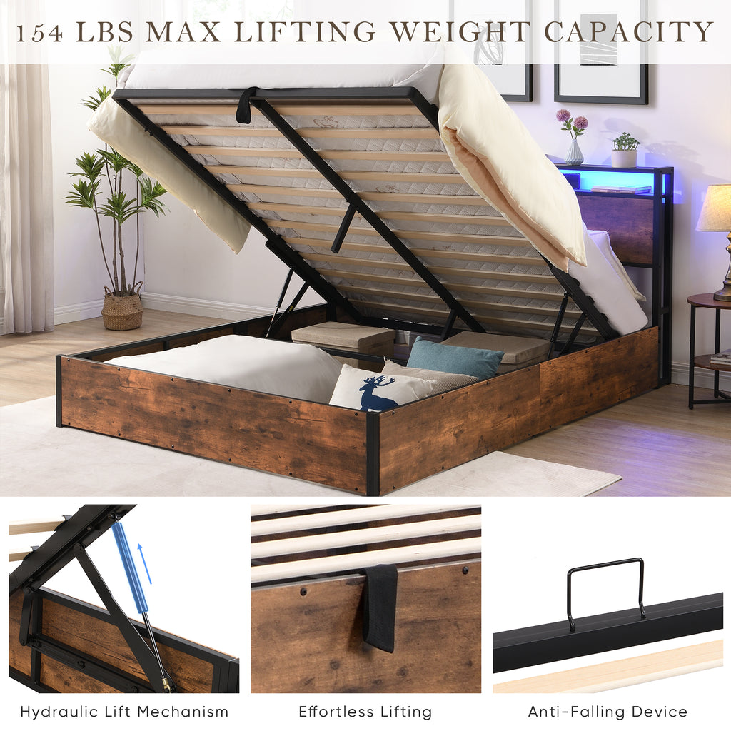 Elevating storage bed frame, full-size bed frame with bookshelf headboard and LED lights, with country brown color