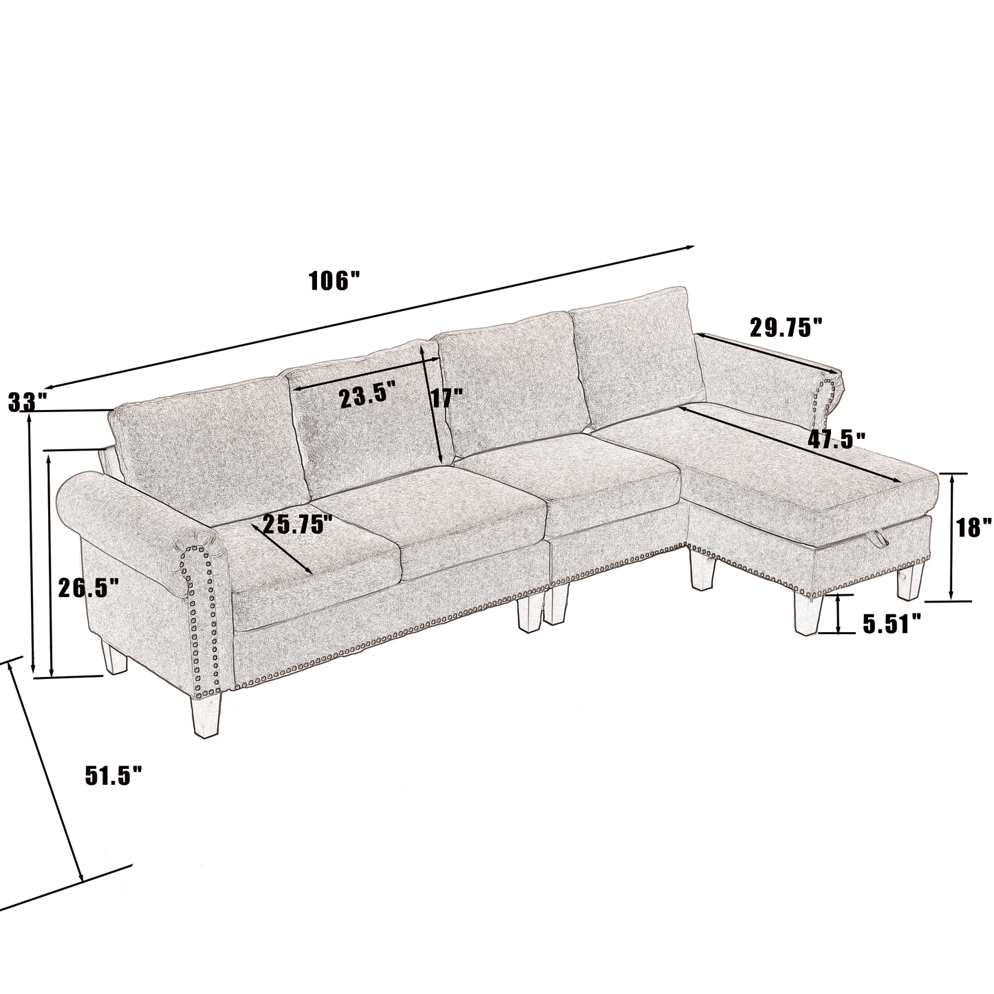 Convertible Sectional Sofa with Storage,L-shaped sofa Modern Linen Fabric Sectional Couches for Living Room,Gray - Image #0