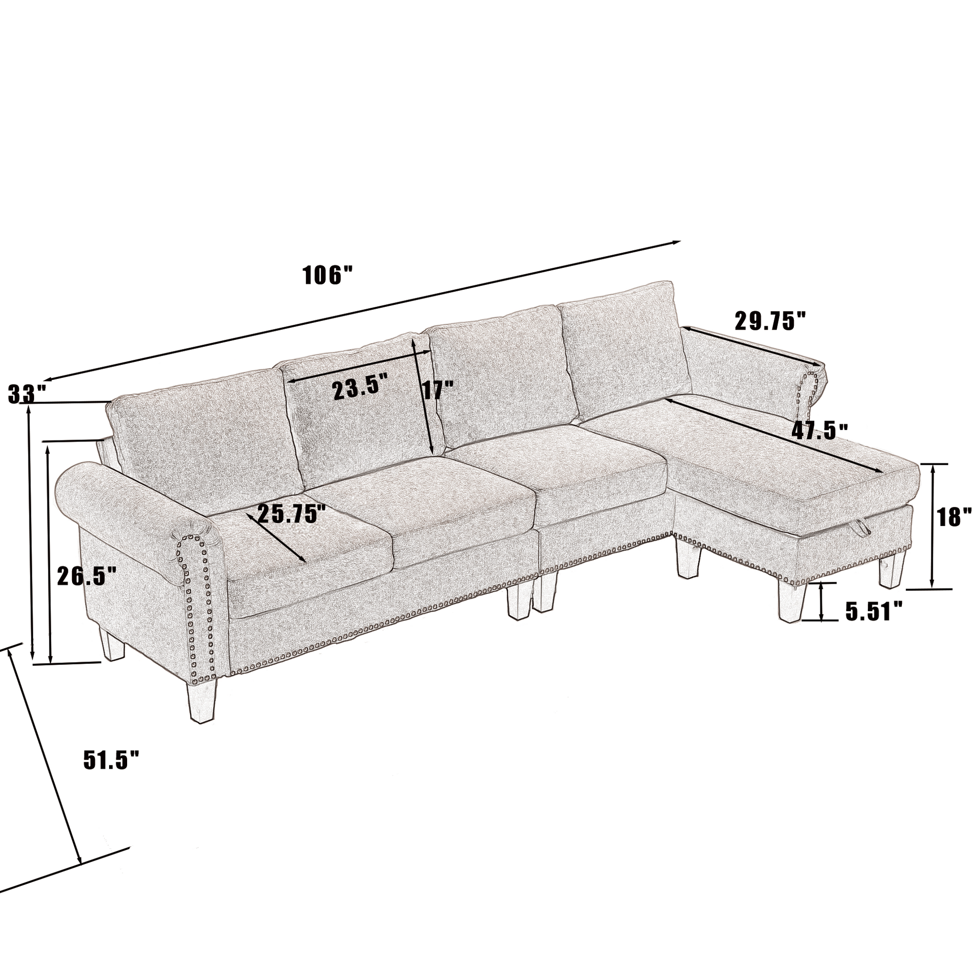Convertible Sectional Sofa with Storage,L-shaped sofa Modern Linen Fabric Sectional Couches for Living Room,Gray - Image #0