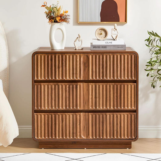 Walnut Fluted Three Drawer Dresser 31 Inch Wide Storage