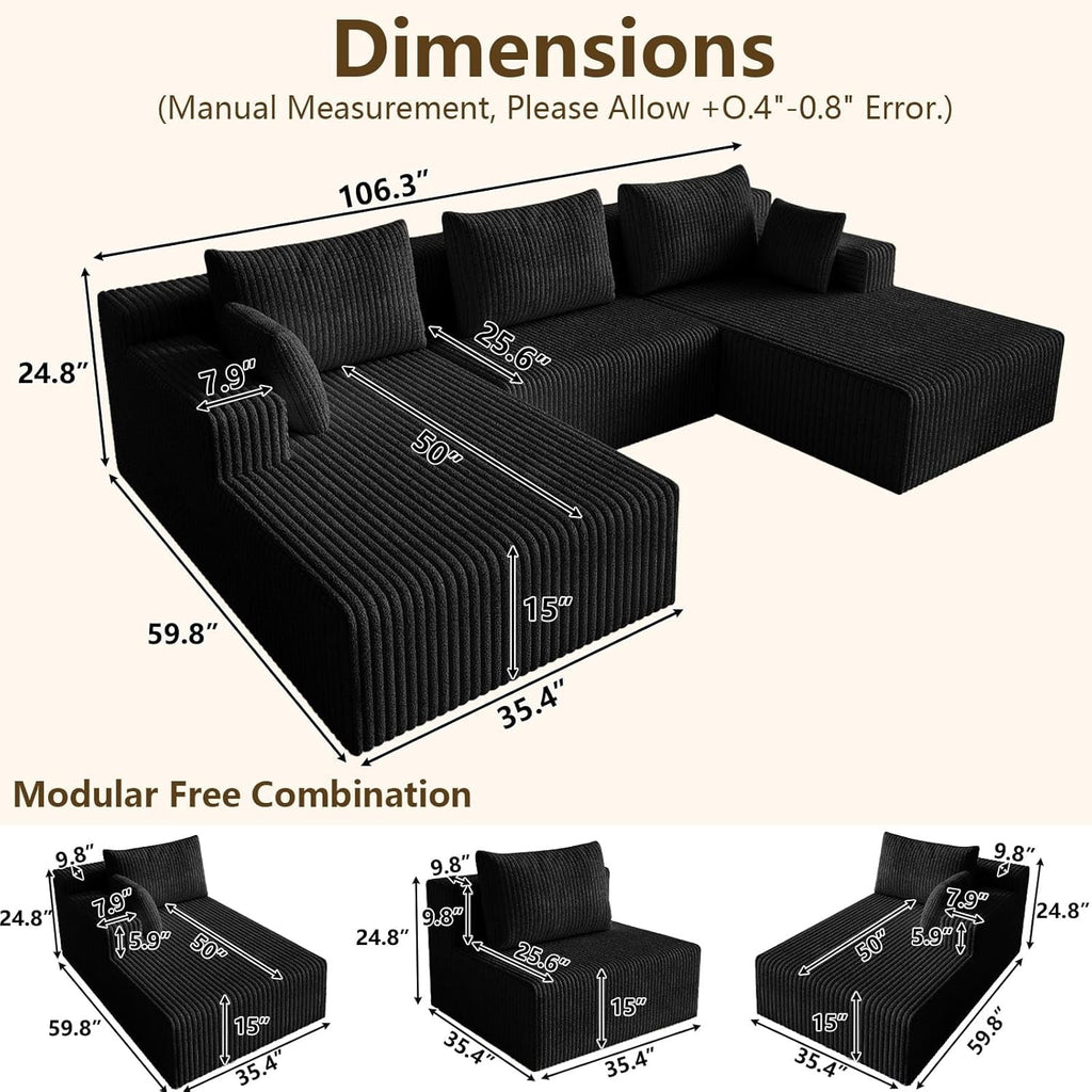 107 Inch Modular Sectional Sofa Black Corduroy Upholstered