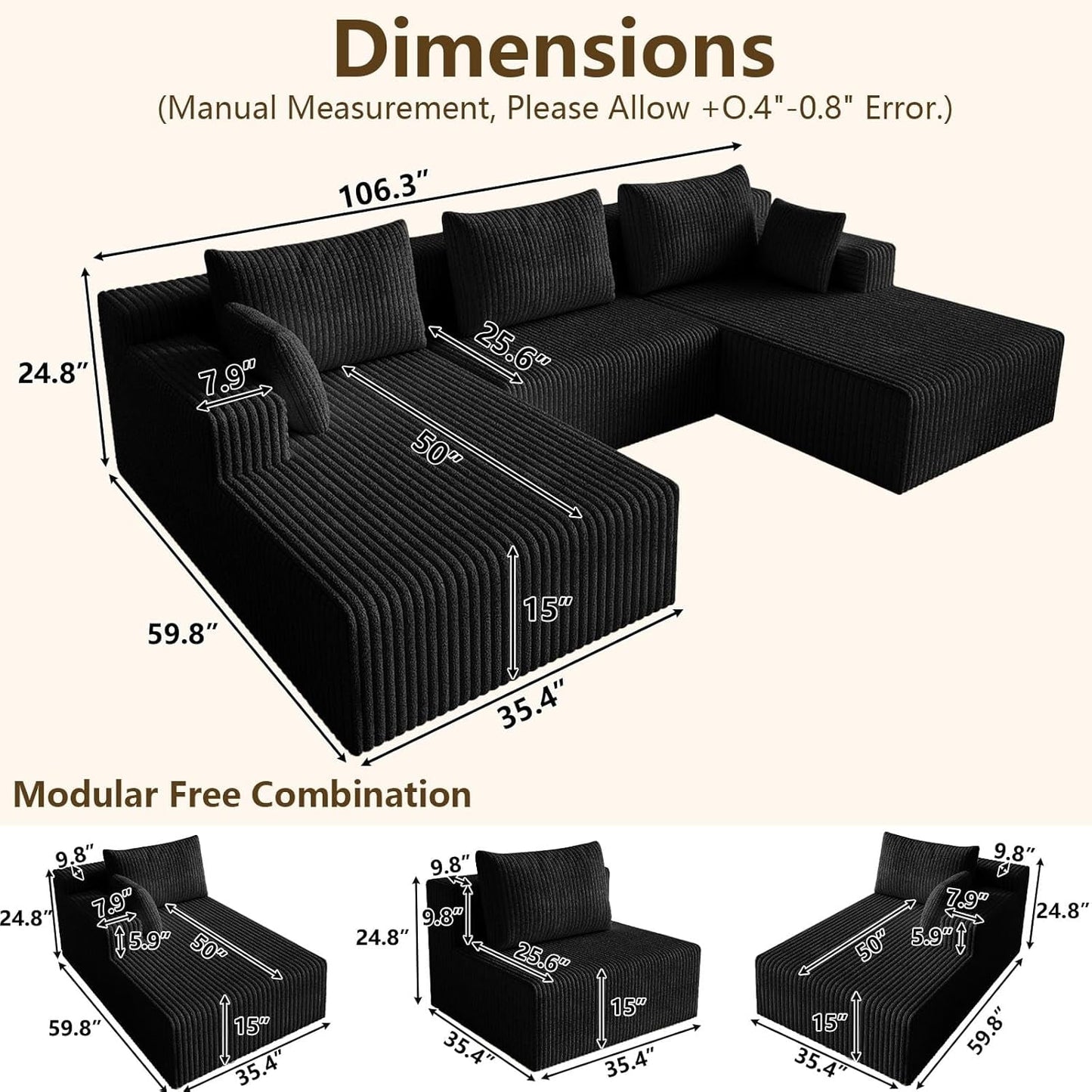107 Inch Modular Sectional Sofa Black Corduroy Upholstered