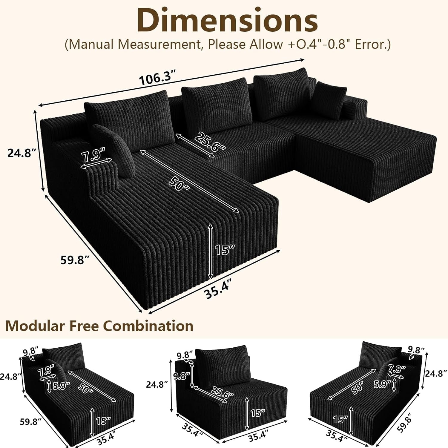 107 Inch Modular Sectional Sofa Black Corduroy Upholstered
