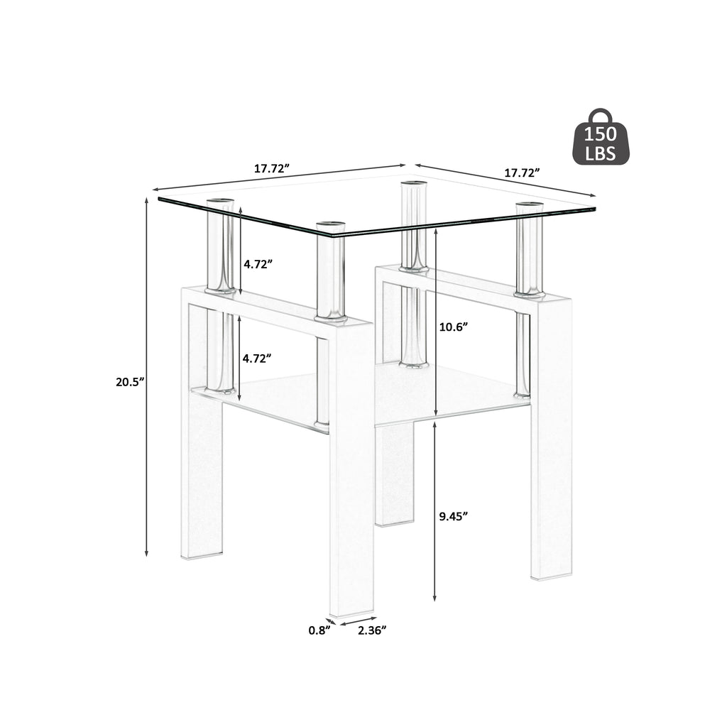 Set of 2, Modern Tempered Glass Tea Table Coffee Table End Table, Square Table for Living Room, Transparent/White