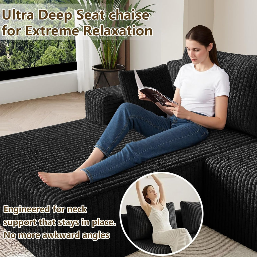 107 Inch Modular Sectional Sofa Black Corduroy Upholstered