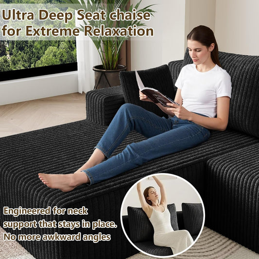 107 Inch Modular Sectional Sofa Black Corduroy Upholstered