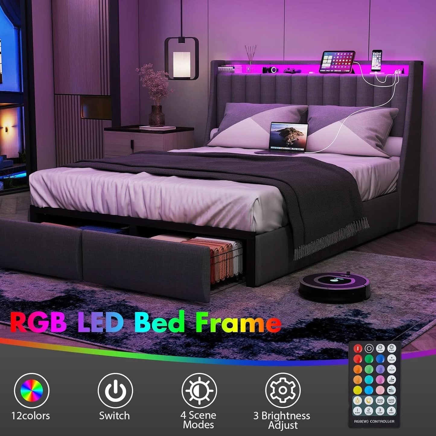 Queen Bed Frame With LED Lights And Storage Drawers