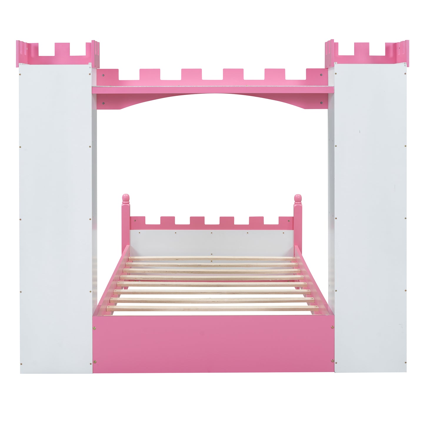 Castle-Shaped Wooden Bed with Storage Shelf, Dreamy Twin Size Platform Bed for Kids Bedroom, White + Pink