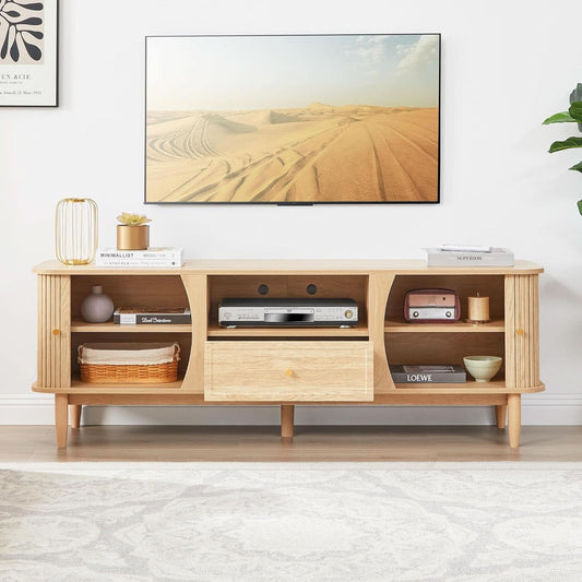 Natural Finish Entertainment Console With Sliding Door