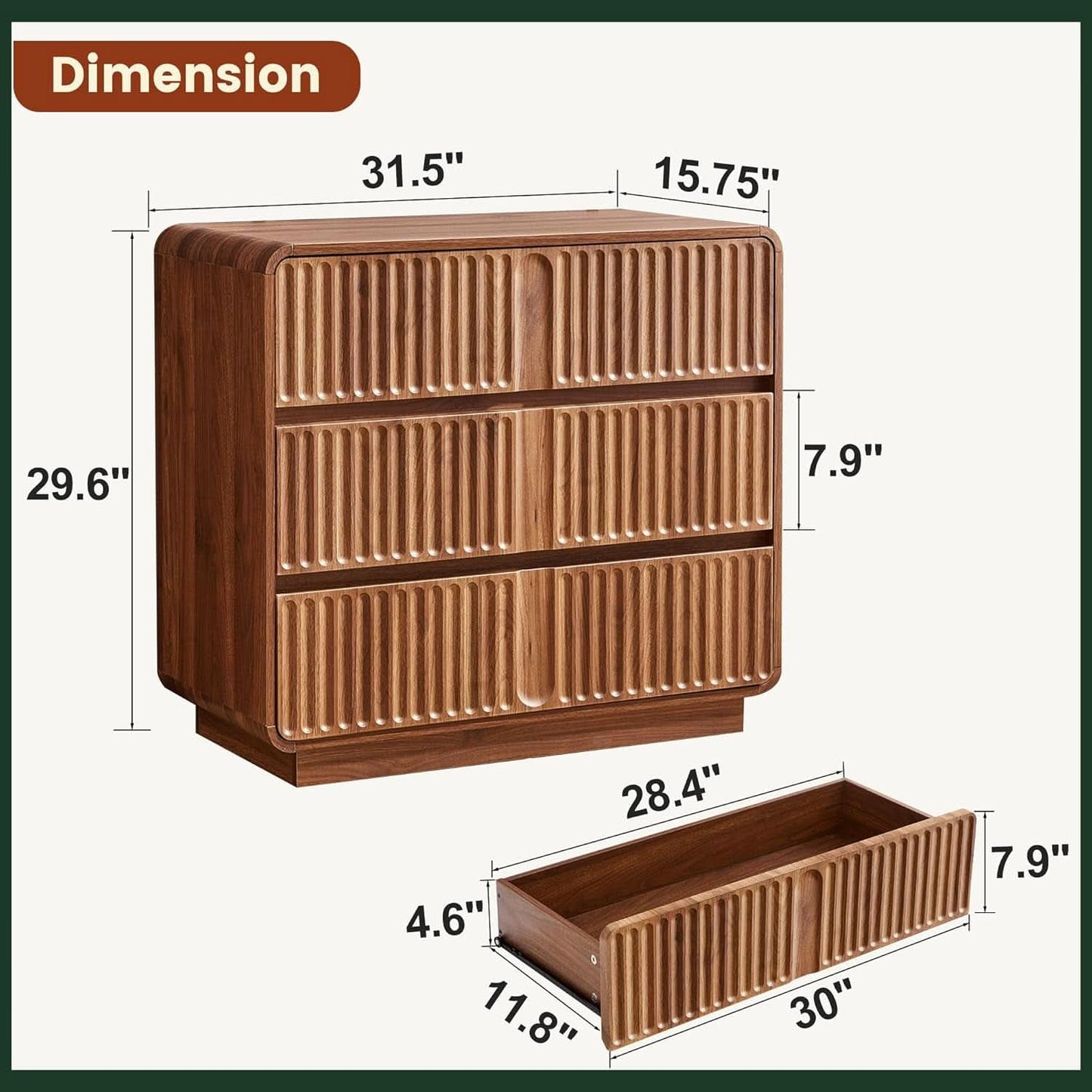Walnut Fluted Three Drawer Dresser 31 Inch Wide Storage