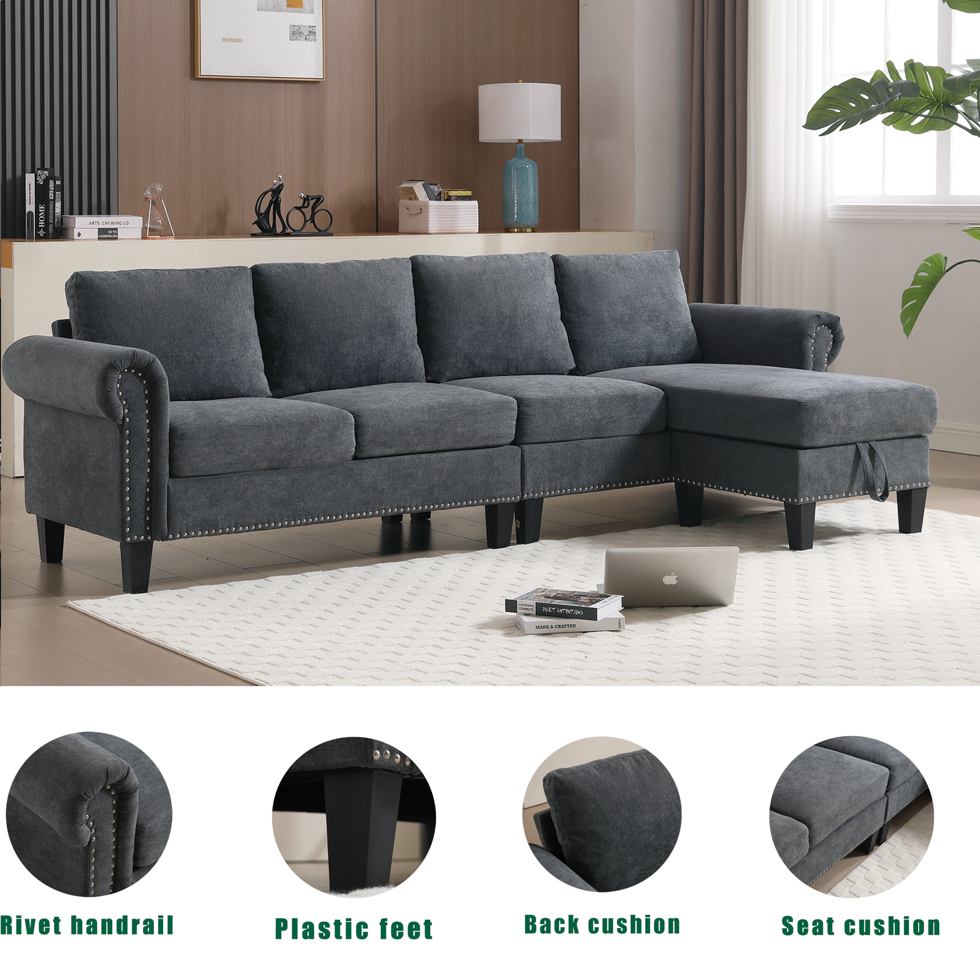 Convertible Sectional Sofa with Storage,L-shaped sofa Modern Linen Fabric Sectional Couches for Living Room,Gray - Image #0
