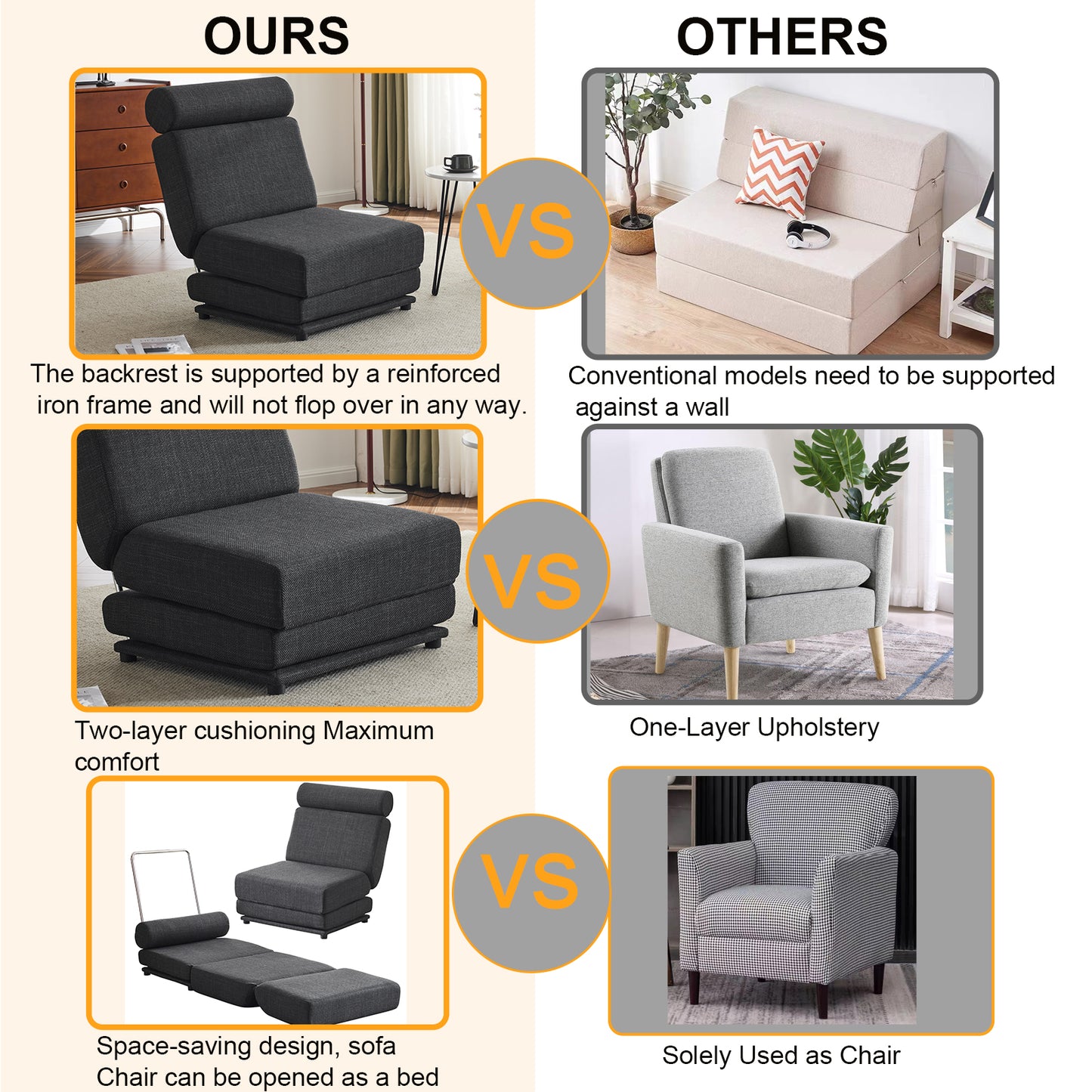 Single Sofa Chair Foldable Single Sofa Bed with Pillow,Portable Foldable Sofa Bed,Leisure Sofa Chair,Easy to Store, Dark Grey