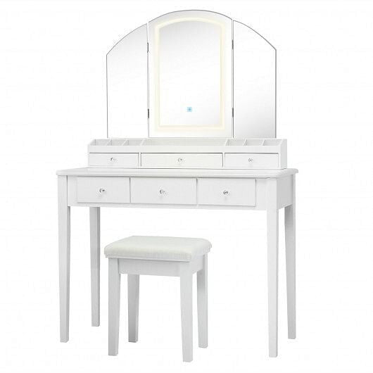 Vanity Table Stool Set with Large Tri-folding Lighted Mirror-Black