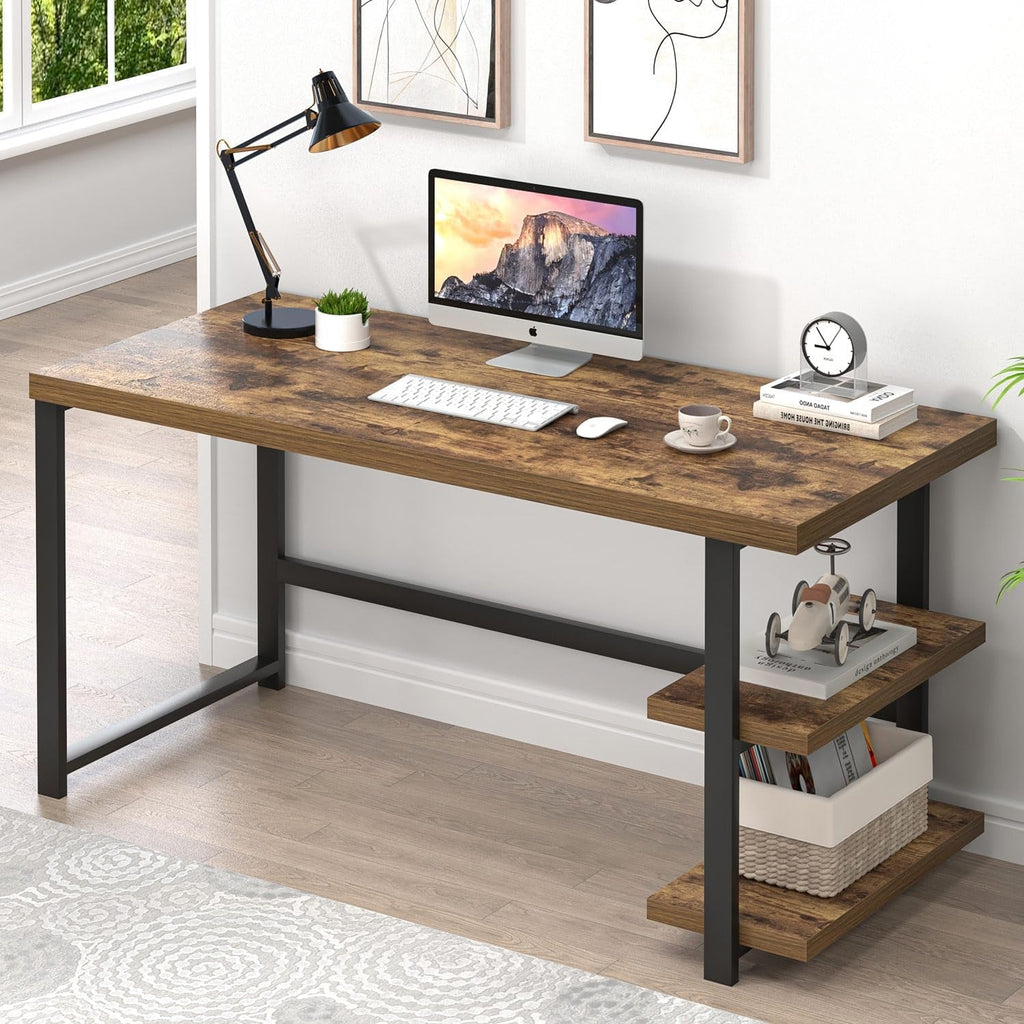 Rustic Brown 53 Inch Premium Solid Wood Desk Storage