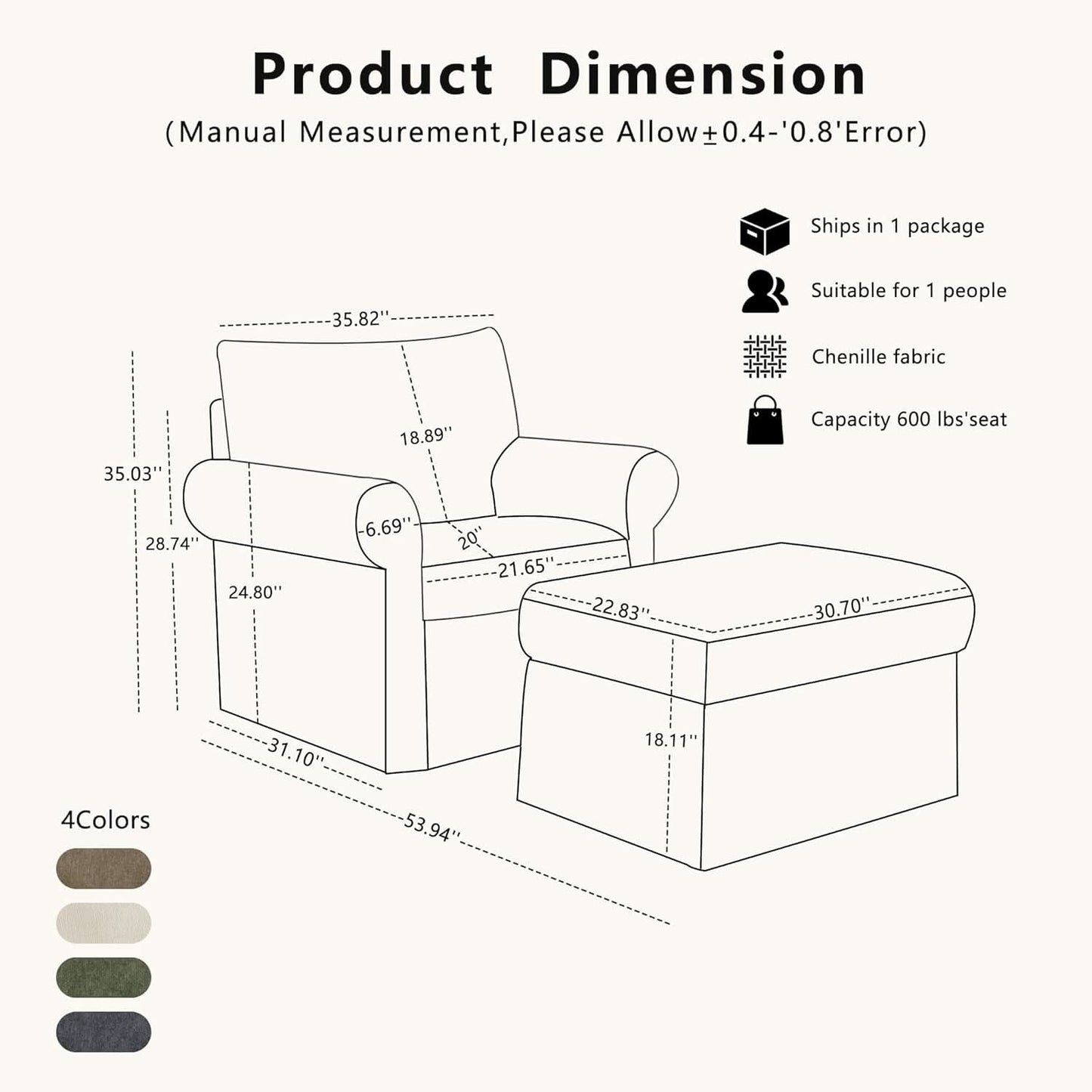 Gray 35 Inch Accent Chair With Ottoman And Chaise Lounge