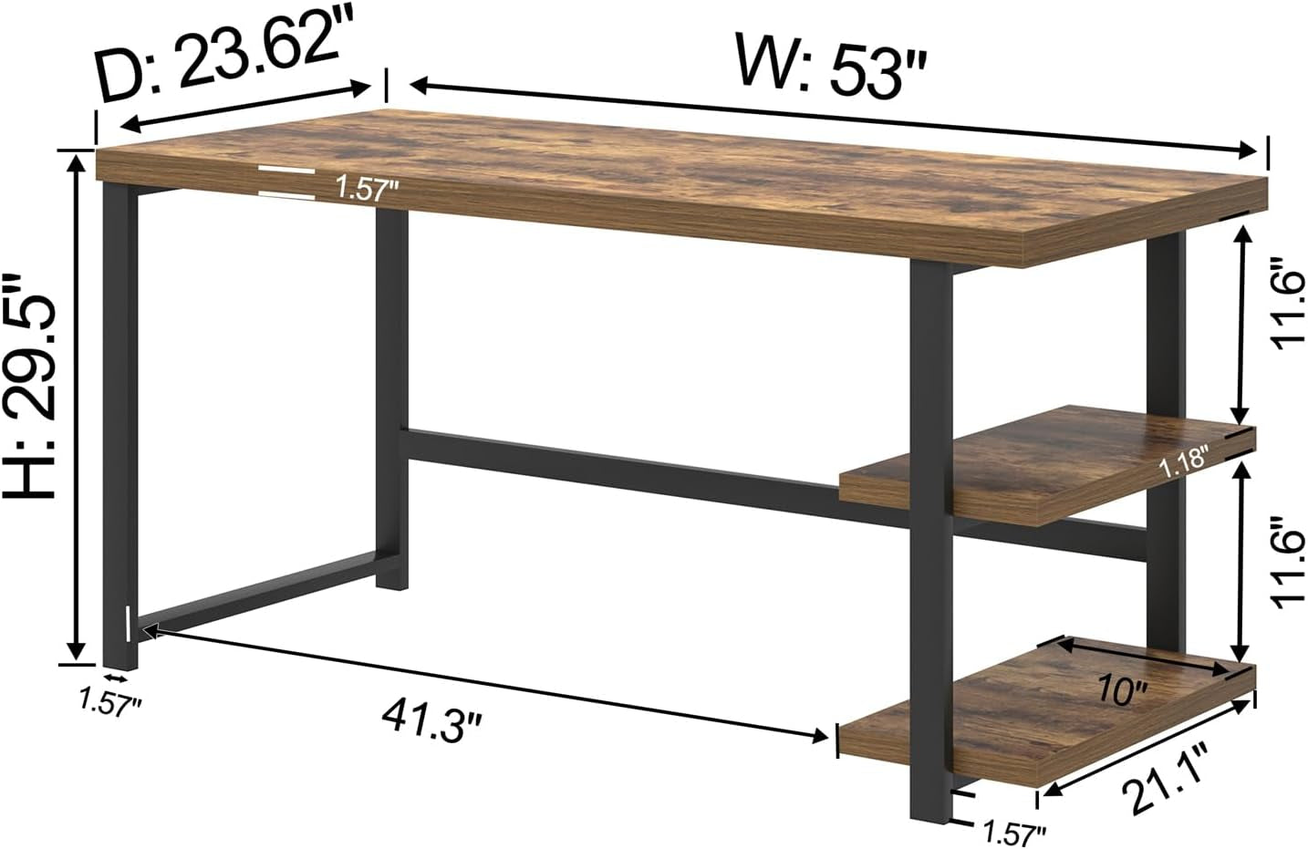Rustic Brown 53 Inch Premium Solid Wood Desk Storage