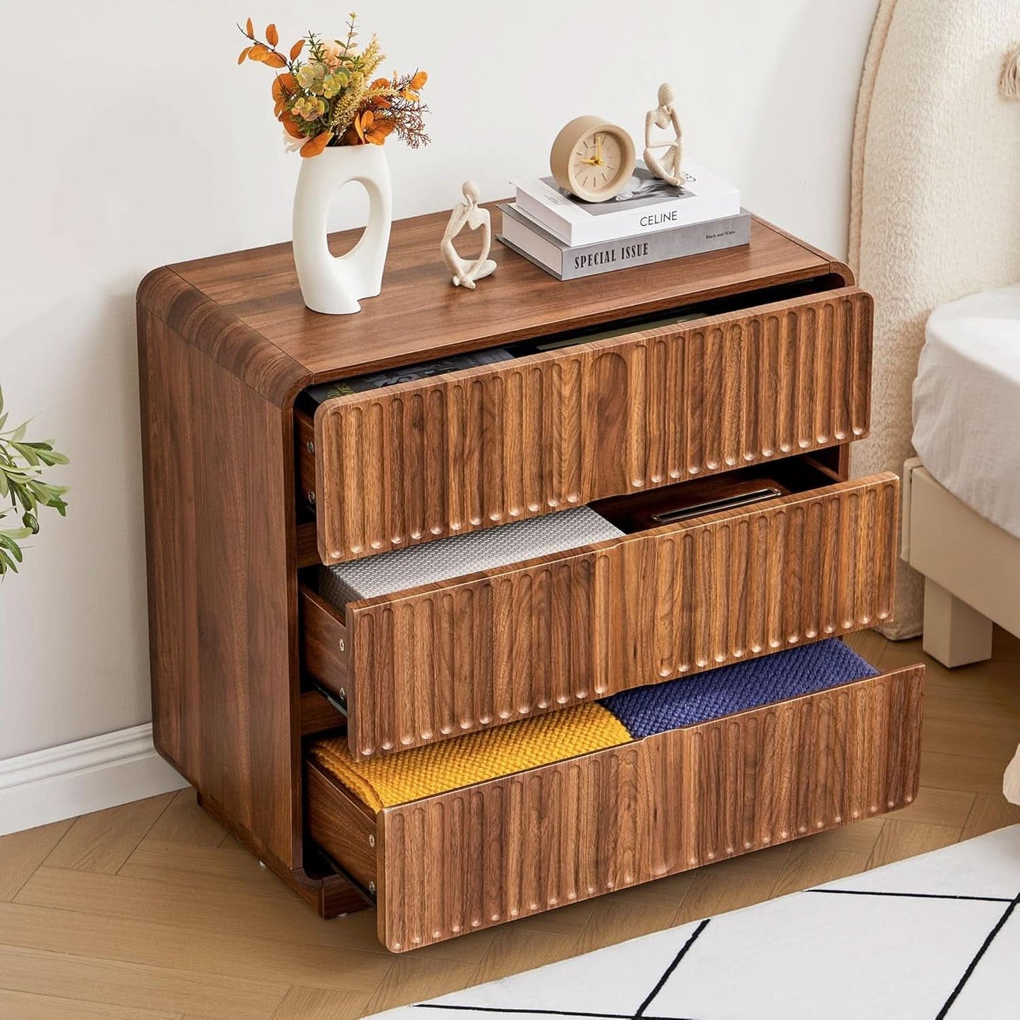 Walnut Fluted Three Drawer Dresser 31 Inch Wide Storage