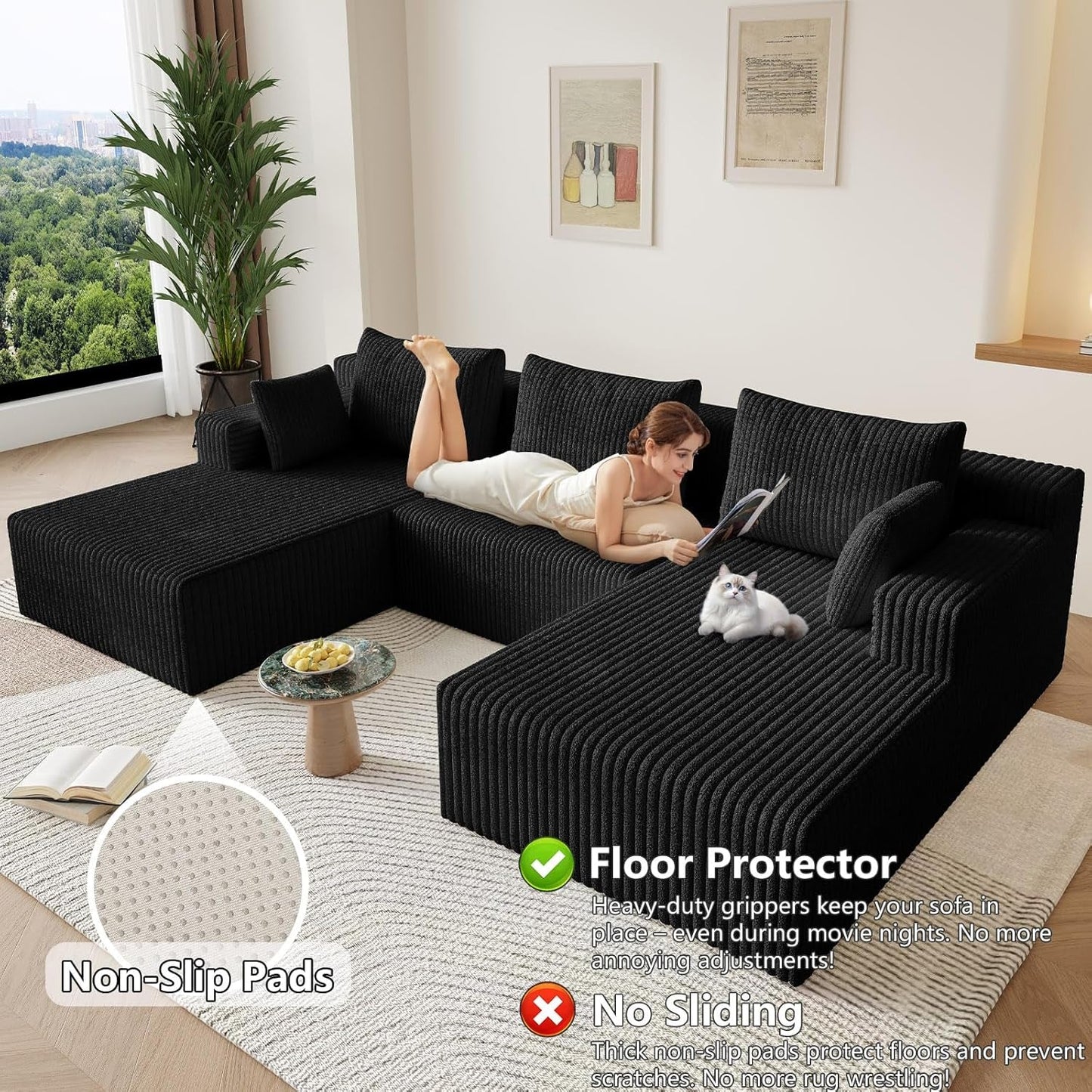 107 Inch Modular Sectional Sofa Black Corduroy Upholstered