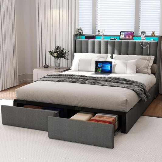Queen Bed Frame With LED Lights And Storage Drawers